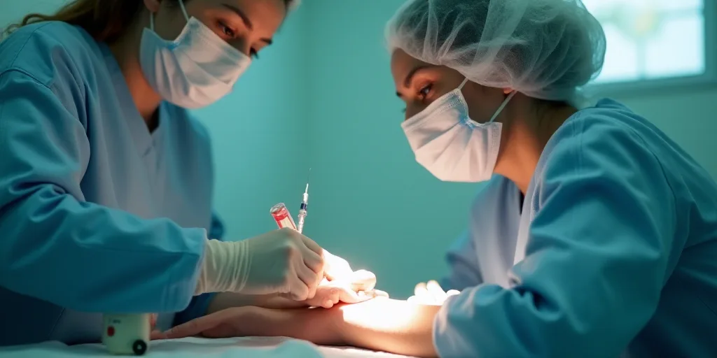 a woman getting a vaccium from a doctor in a hospital room with a needle in her arm, Évariste Vital
