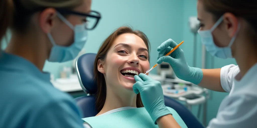 a woman getting her teeth brushed by a dentist in a dental office with other people in the backgroun