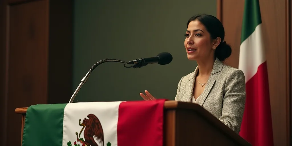 a woman giving a speech at a podium with a mexican flag on it and a mexican flag on the podium, Arac