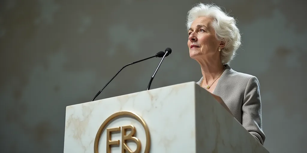 a woman giving a speech at a podium with a microphone in front of her and a european central bank lo