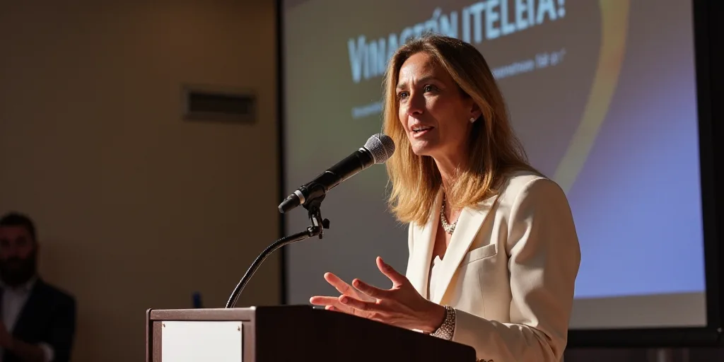 a woman giving a speech with a microphone in front of her and a sign behind her that says corporate,