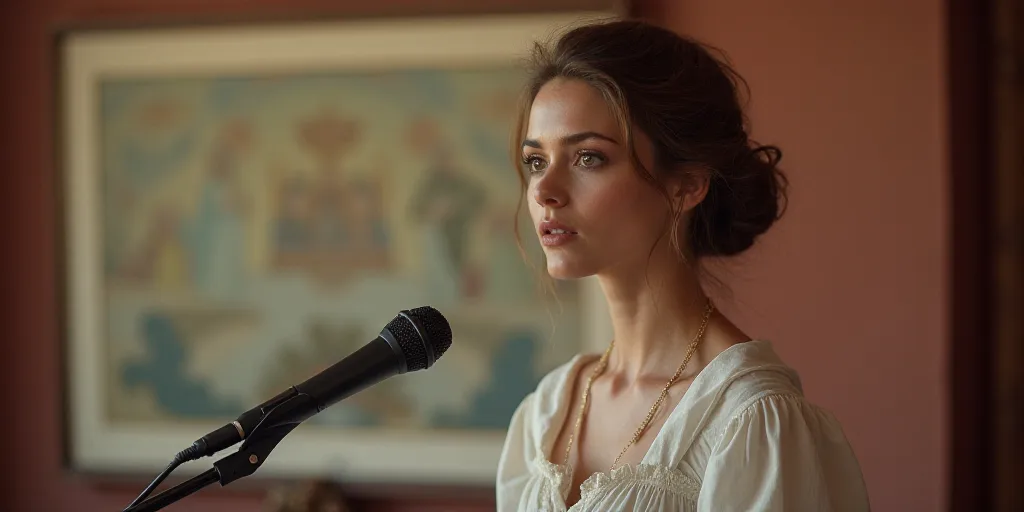 a woman giving a speech with a microphone in front of her and a sign behind her that says,, Anna Mar