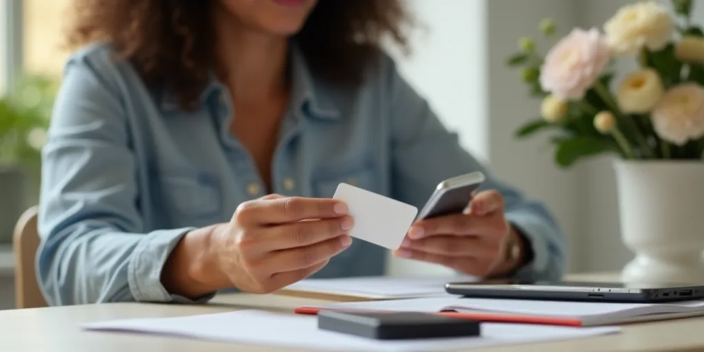 a woman holding a card and a cell phone on a desk with a flower arrangement in the background and a