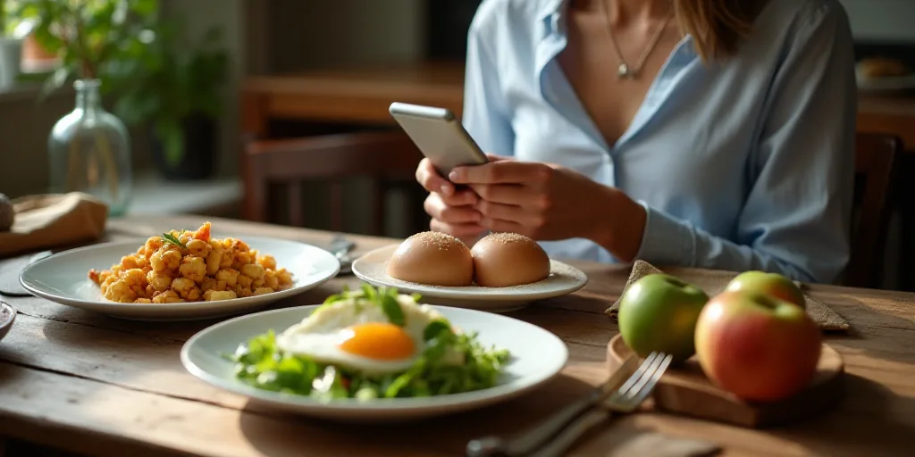 a woman holding a cell phone next to a plate of food with eggs and a salad on it and a plate of eggs