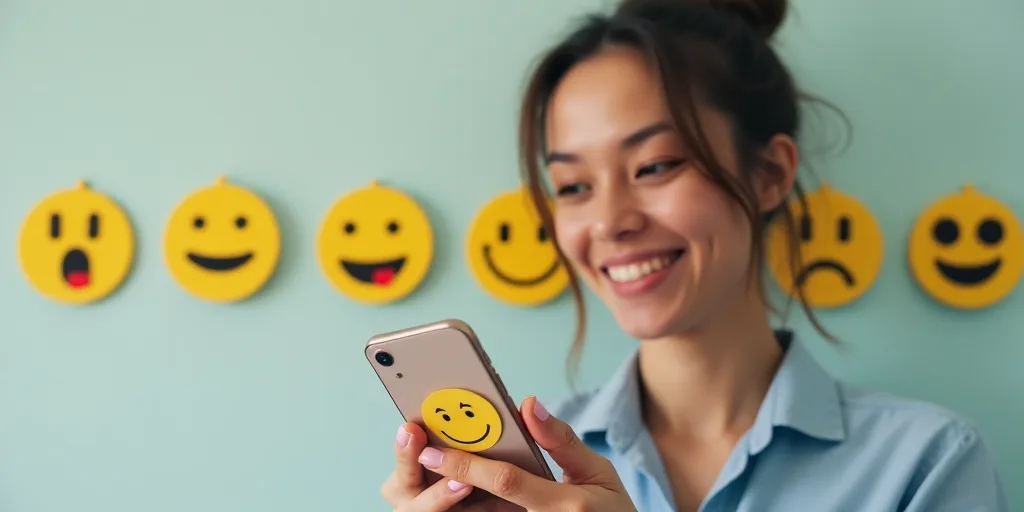 a woman holding a cell phone with a smiley face on it and a line of emoticions behind her, Andries S