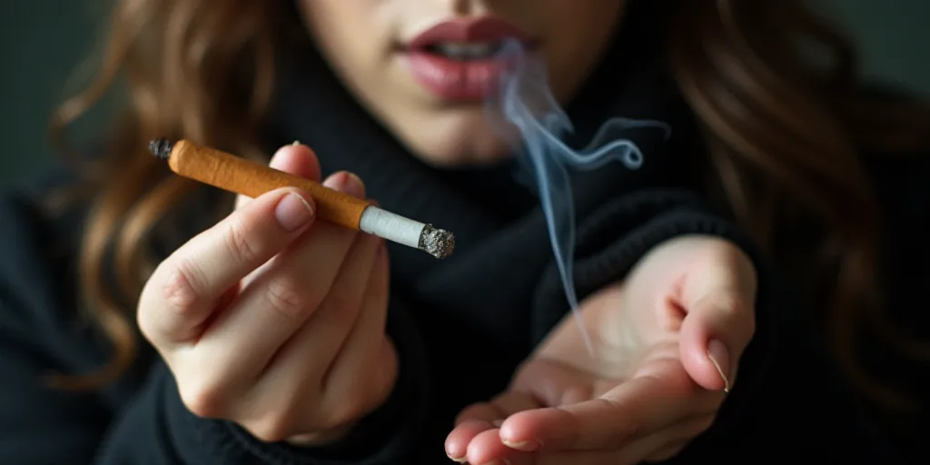 a woman holding a cigarette in her hands and a cigarette in the other hand, with a cigarette in the