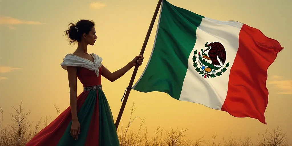 a woman holding a mexican flag while standing next to a flag pole and a flag pole with a mexican fla
