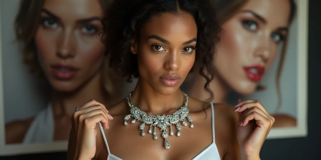 a woman holding a necklace in front of a poster of a woman with a diamond necklace on her neck, Cice