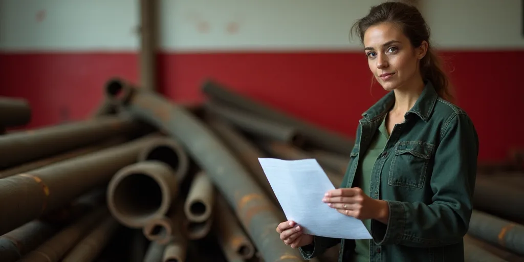 a woman holding a piece of paper in front of a pile of pipes and pipes in the background with a red