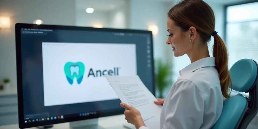 a woman holding a piece of paper in front of a computer screen with a dental logo on it and a dentis