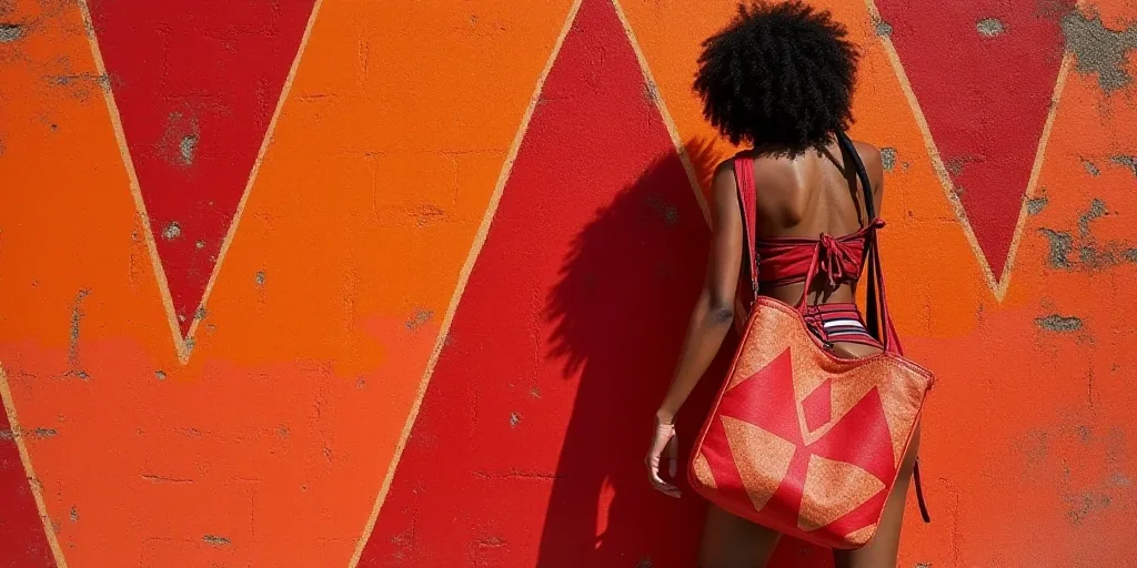 a woman holding a red bag with a red background and a red triangle pattern on it, with a red backgro