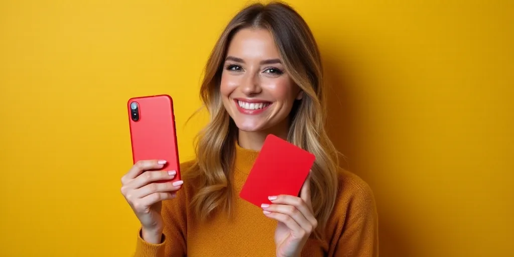 a woman holding a red card and a cell phone in her hand and smiling at the camera with a smile, Avgu