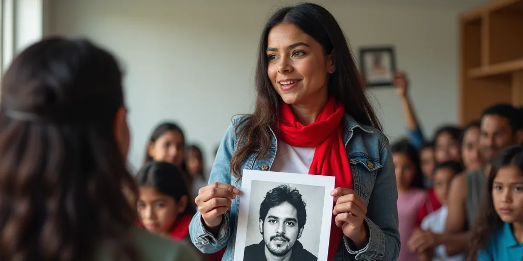 a woman holding a red ribbon and a sign with a picture of a man on it and a red ribbon around her ne