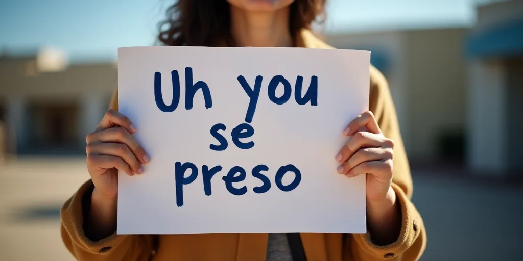 a woman holding up a sign with a message on it that says uh you se preso on it, Aquirax Uno, logo, a
