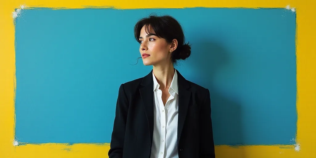 a woman in a black jacket and white shirt is standing in front of a blue background with a yellow bo