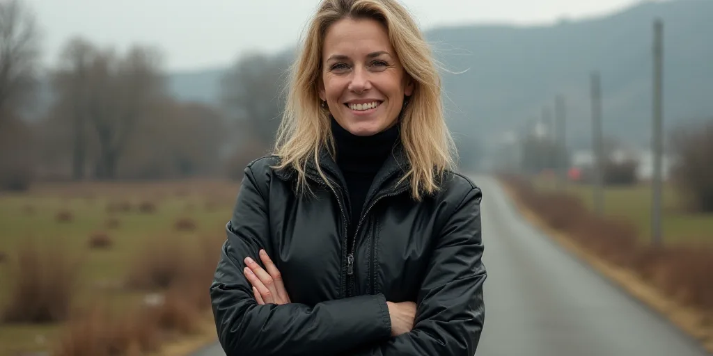 a woman in a black jacket is smiling for the camera with her arms crossed and her hands folded in fr