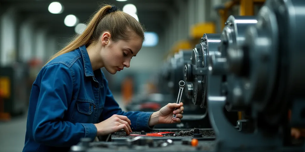 a woman in a factory working on a piece of equipment with a wrench and a tool box in front of her, D