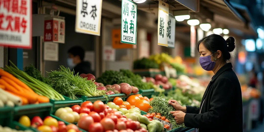 a woman in a mask is shopping for vegetables at a market stall with signs in english and chinese on
