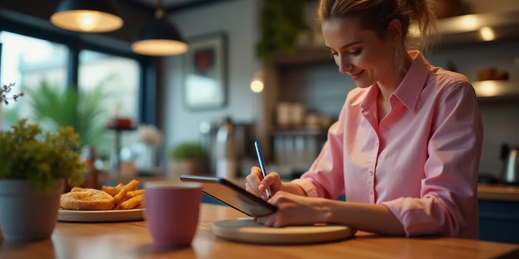 a woman in a pink shirt is using a tablet computer in a restaurant kitchen with a pink cup and a pin