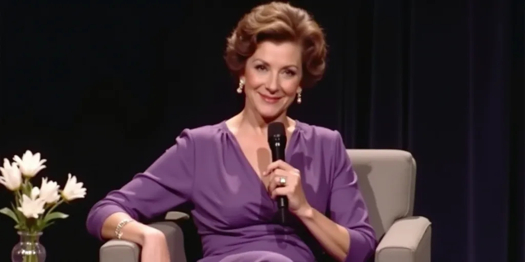 a woman in a purple dress sitting in a chair with a microphone in her hand and a flower in a vase, E