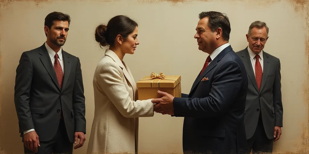 a woman in a suit and tie is handing a box to a man in a suit and tie and another man in a suit and