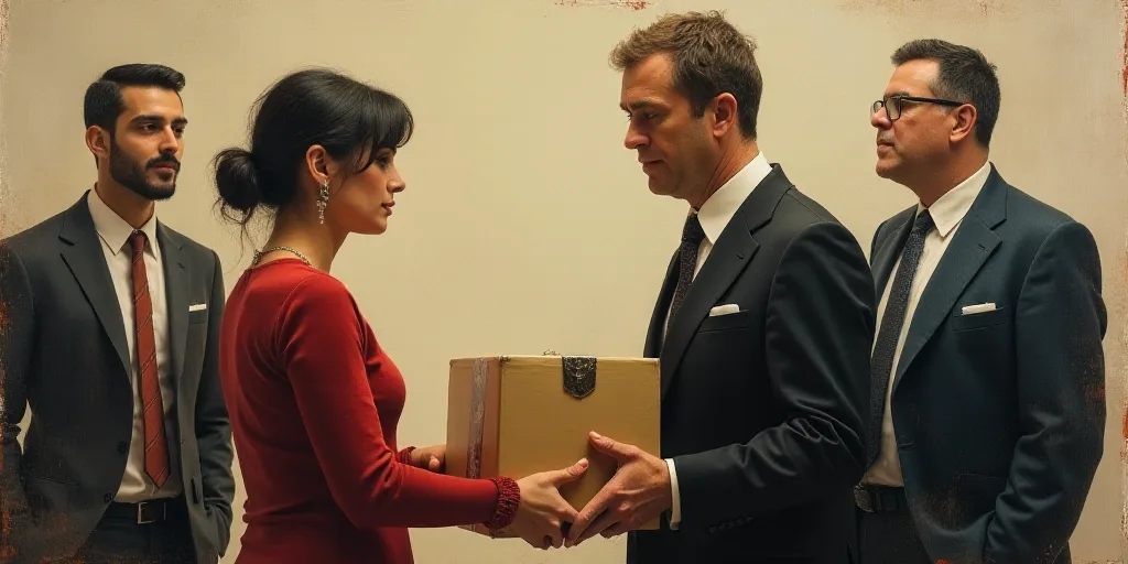 a woman in a suit and tie is handing a box to a man in a suit and tie and another man in a suit and