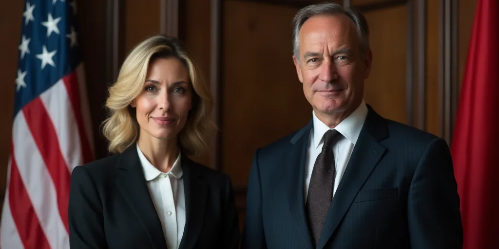 a woman in a suit and tie standing next to a man in a suit and tie in front of a flag, Anna Maria Ba