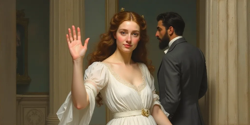 a woman in a white dress waving at the camera with her hand up in the air and a man in the backgroun