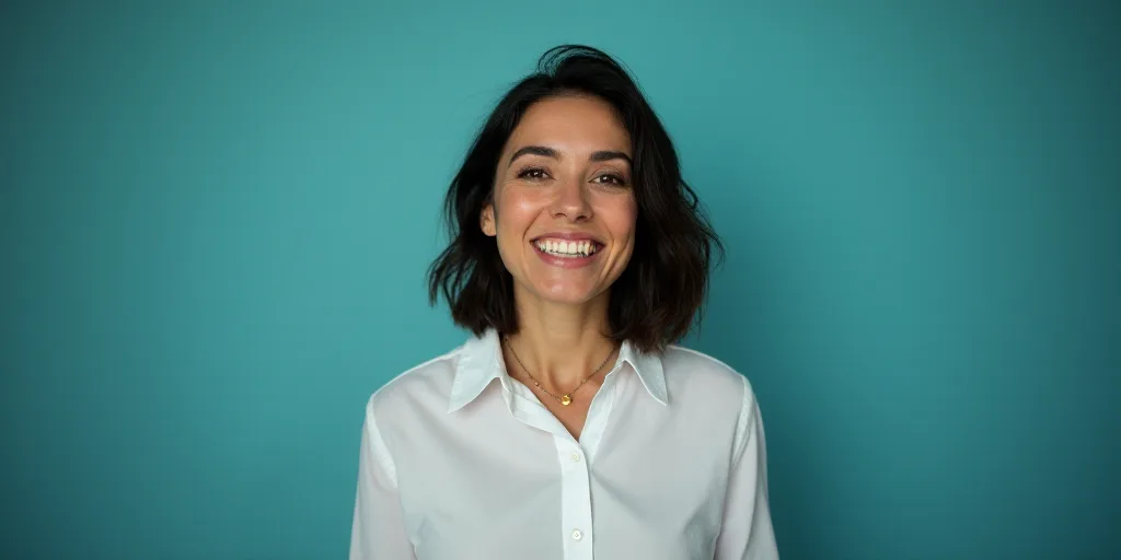 a woman in a white shirt is smiling for the camera with a blue background and a black and yellow bor