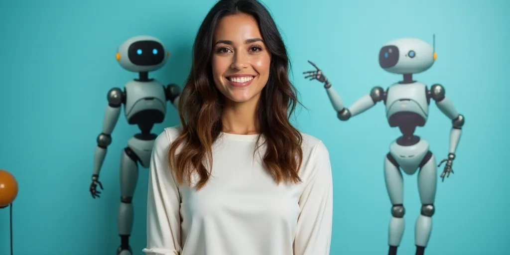 a woman in a white top is smiling for the camera with a blue background and a black and yellow borde