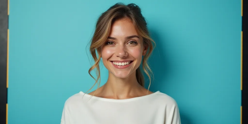 a woman in a white top is smiling for the camera with a blue background and a black and yellow borde