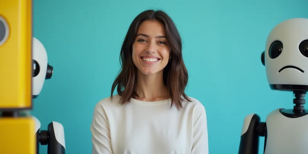 a woman in a white top is smiling for the camera with a blue background and a black and yellow borde