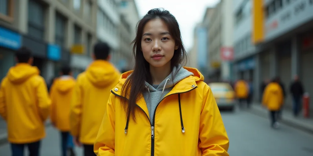a woman in a yellow jacket is standing on the street with other people in the background wearing yel