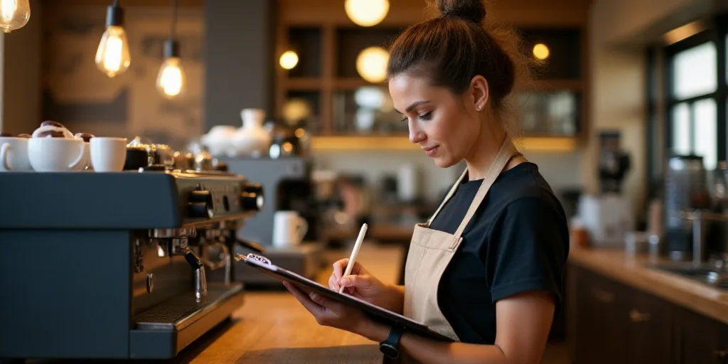 a woman in an apron is writing on a clipboard in a coffee shop with a coffee maker in the background