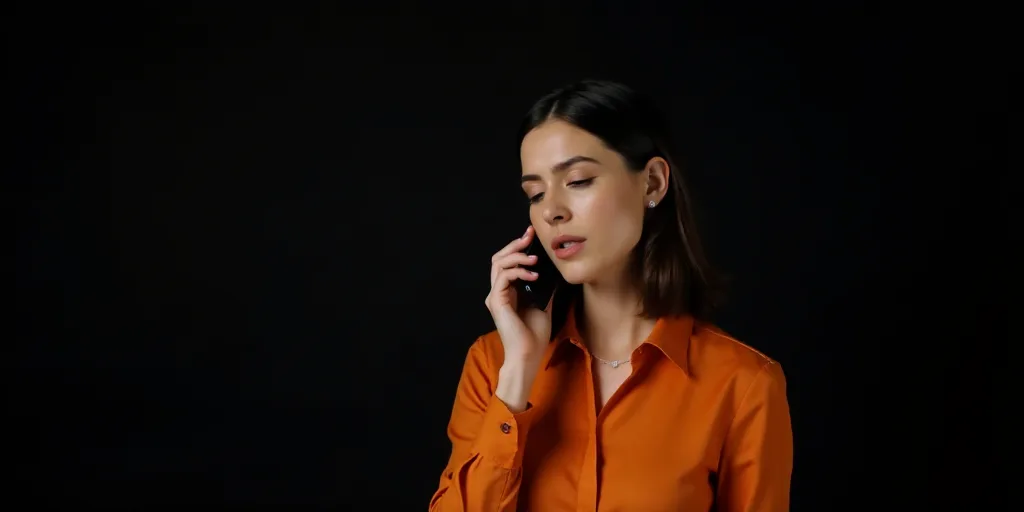 a woman in an orange shirt is talking on a cell phone and a black background with a white dotted lin