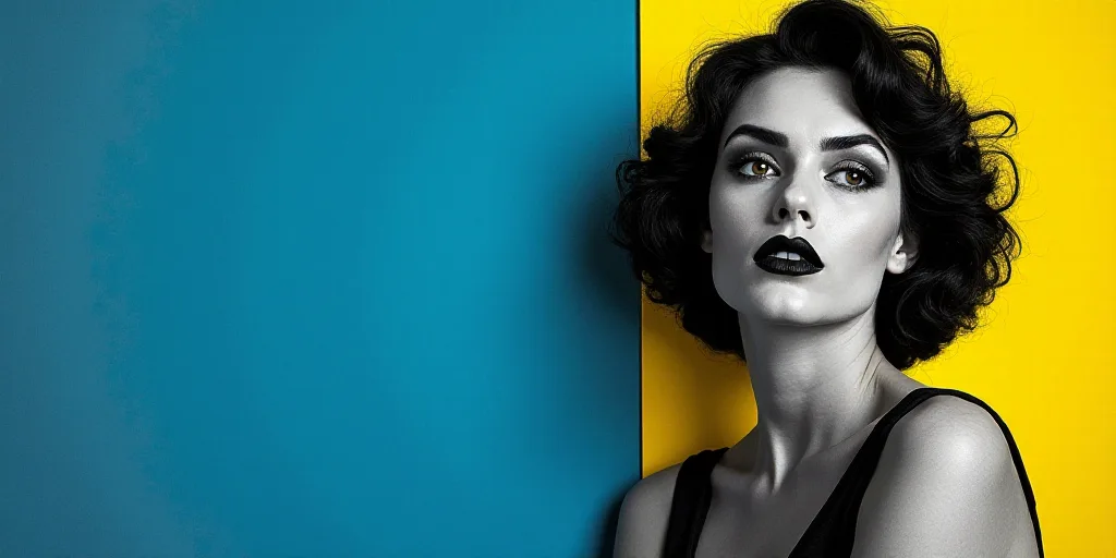 a woman in black and white with a blue background and a blue and yellow background with a black and
