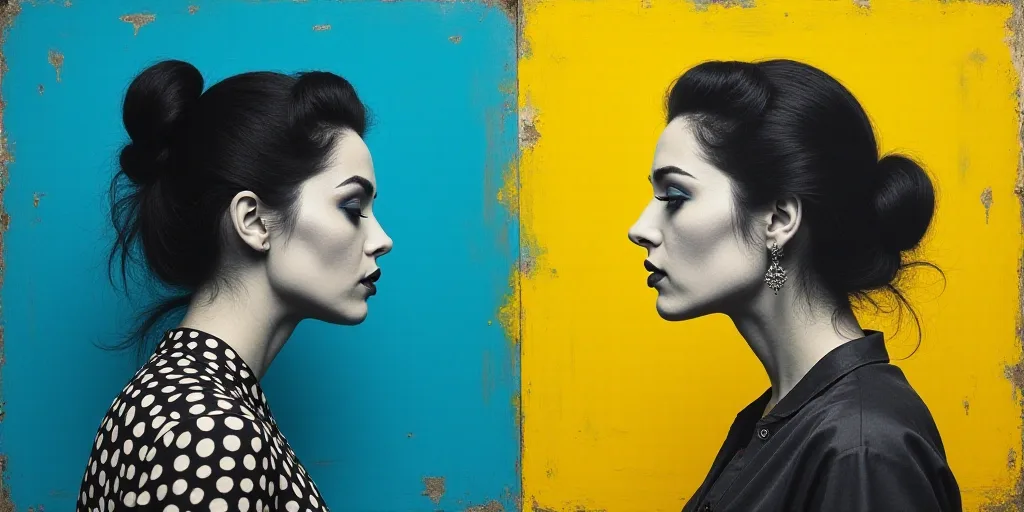 a woman in black and white with a blue background and a blue and yellow background with a black and