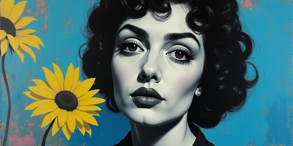 a woman in black and white with a blue background and a blue and yellow background with a black and