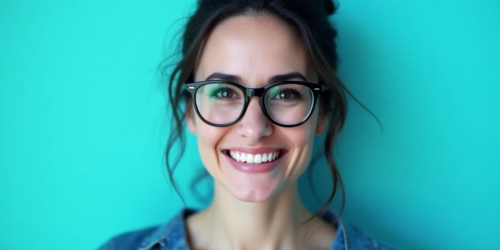 a woman in glasses is smiling for the camera with a blue background and a black and white photo of h