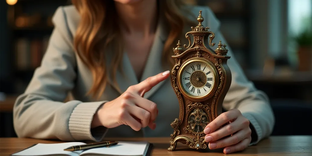 a woman is holding a clock in her hand and pointing at it with a pen and a notebook in front of her,