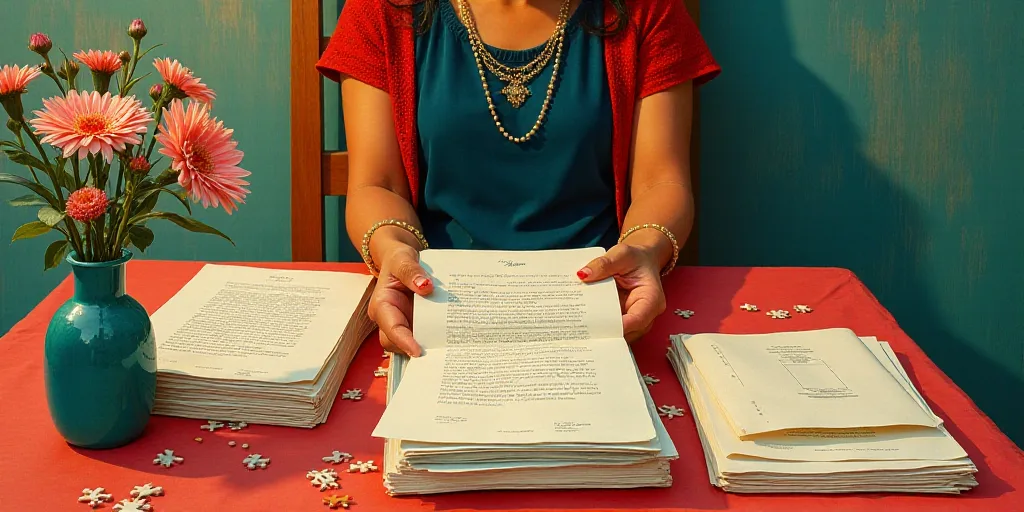 a woman is holding a stack of envelopes on a table with flowers on it and a bunch of papers on top o