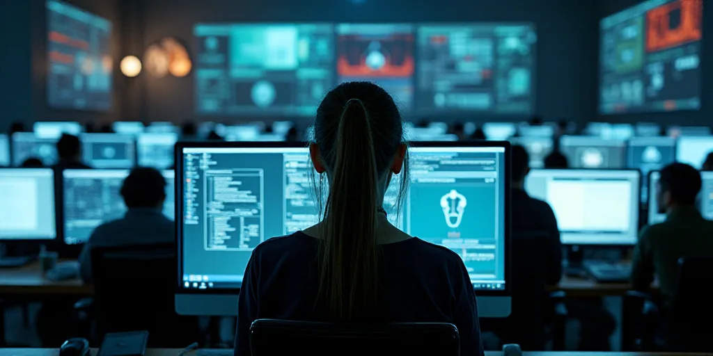a woman is looking at a computer screen in a room full of monitors and monitors with data on them, A