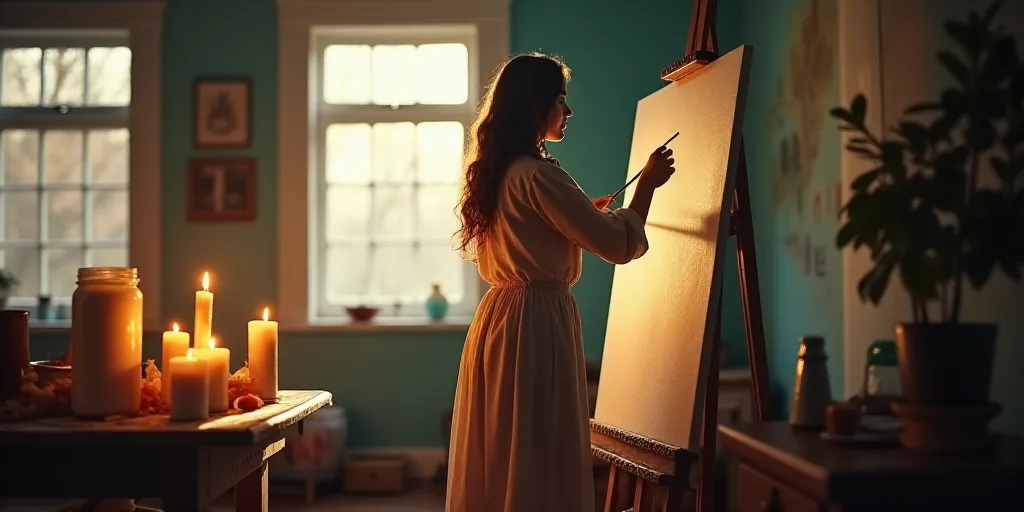 a woman is painting on a canvas in a room with a window and a table with candles and other items, An