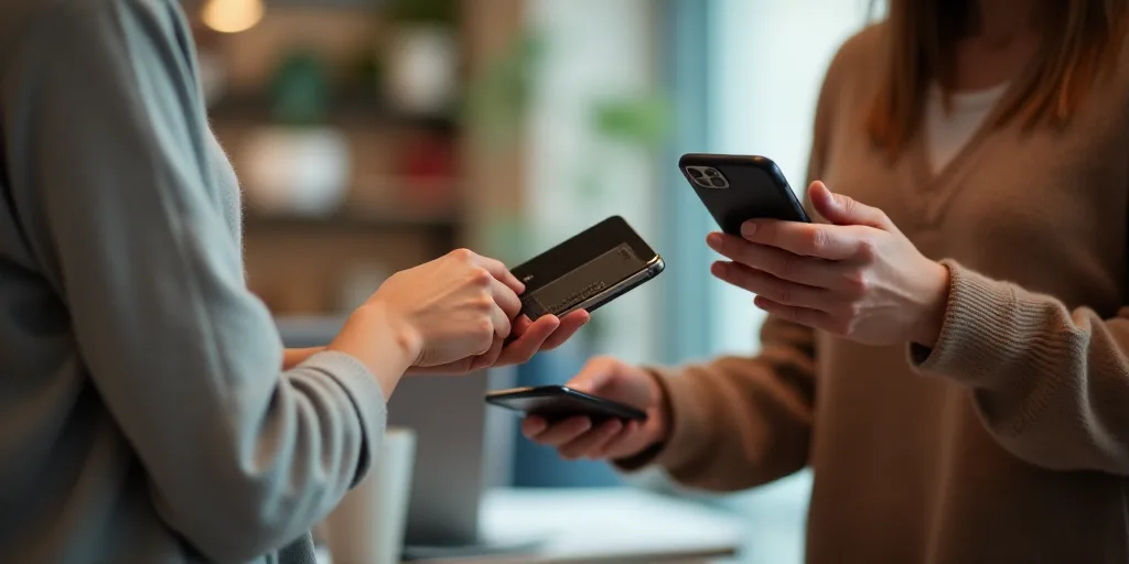 a woman is paying a credit card with a phone in her hand while another woman is holding a cell phone