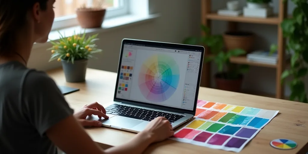 a woman is sitting at a desk with a laptop and color swatches on it and a color wheel, artist, affin
