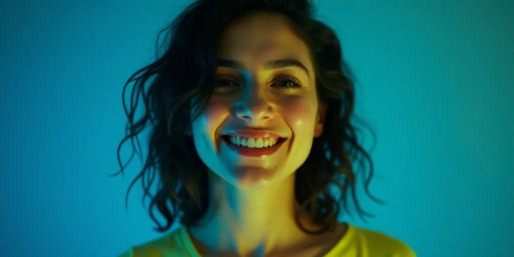 a woman is smiling for a picture with a blue background and a yellow border around her is the captio