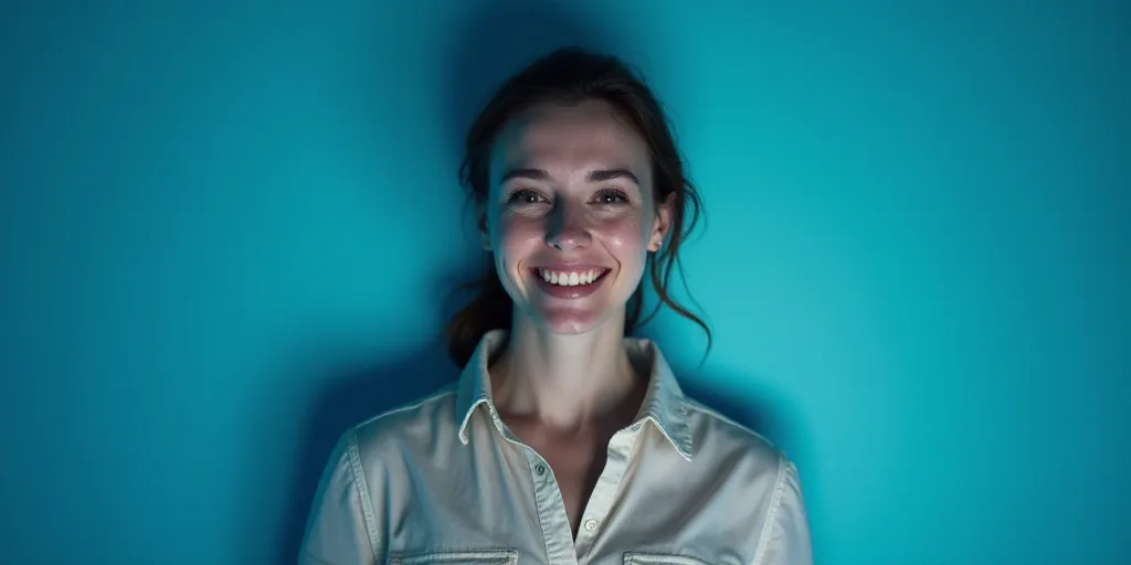 a woman is smiling for a picture with a blue background and a black and white photo of her in a butt