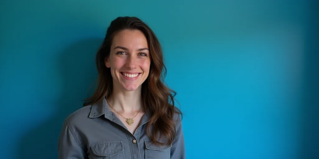 a woman is smiling for a picture with a blue background and a black and white photo of her in a butt
