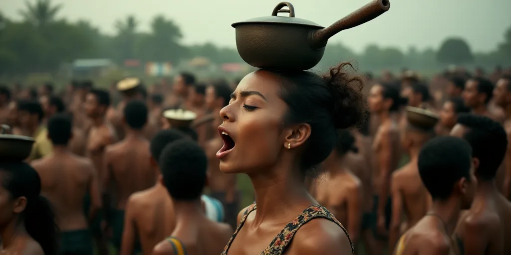 a woman is surrounded by a crowd of people with pots and pans on her head and mouth open, Aya Goda,
