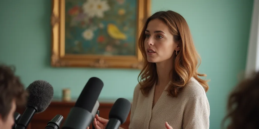 a woman is talking to a group of microphones in a room with a painting on the wall behind her, Barba